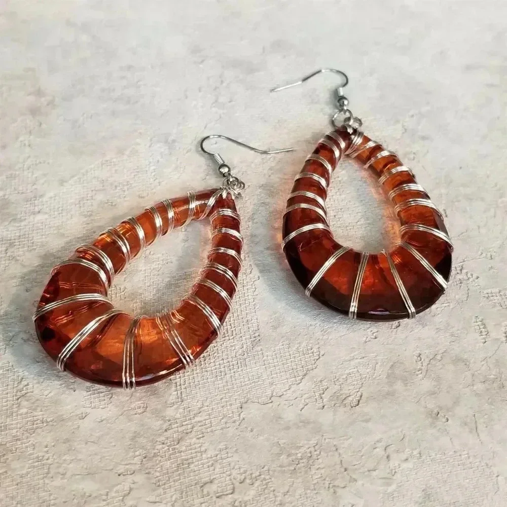 Handcrafted Retro 80s Statement Orange Lucite Open Teardrop Wire Wrap Earrings